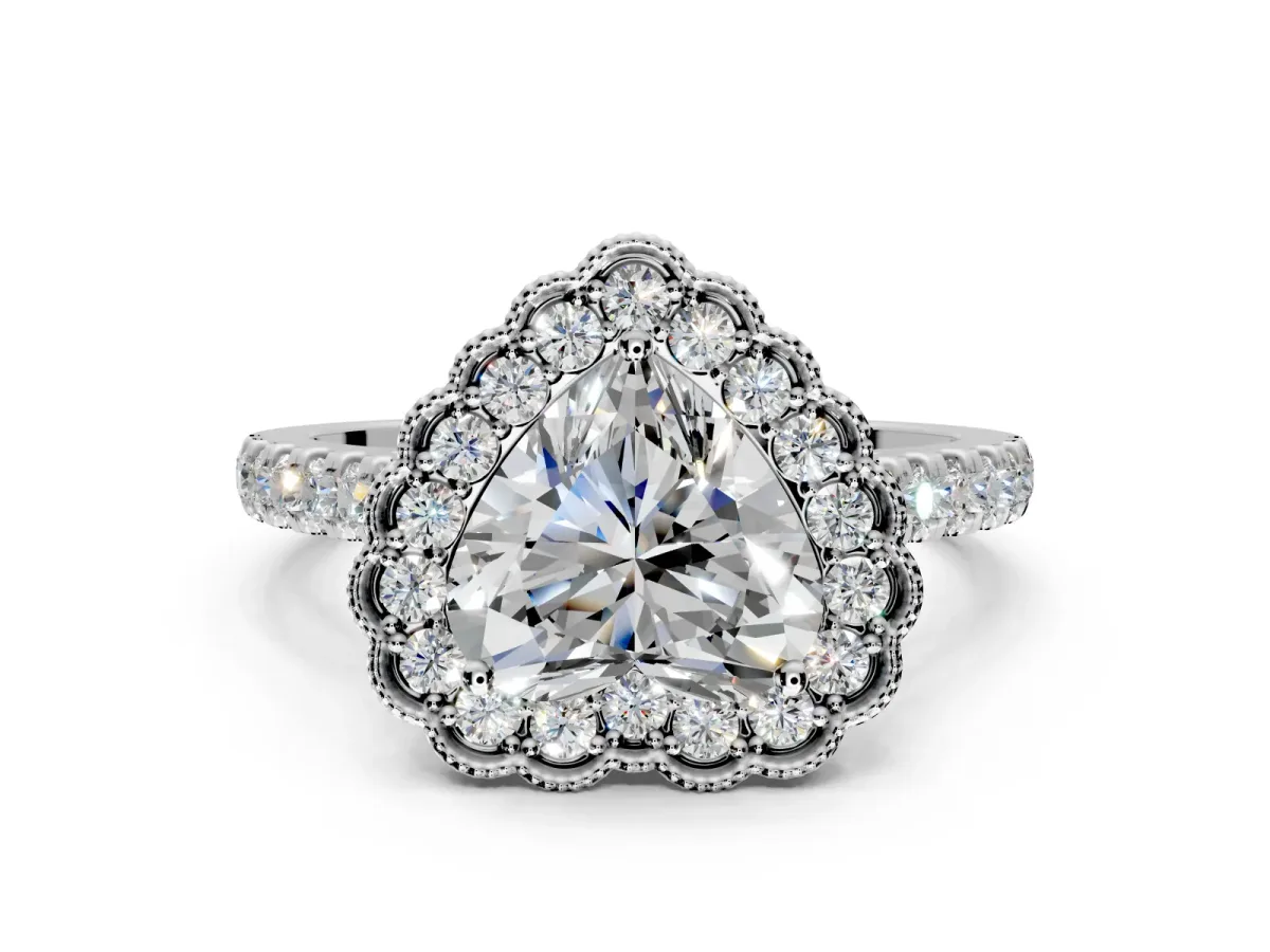 Milgrain Floral Halo Engagement Ring Setting for Heart-Shaped Center with Pave Band and Prong Head in White Gold