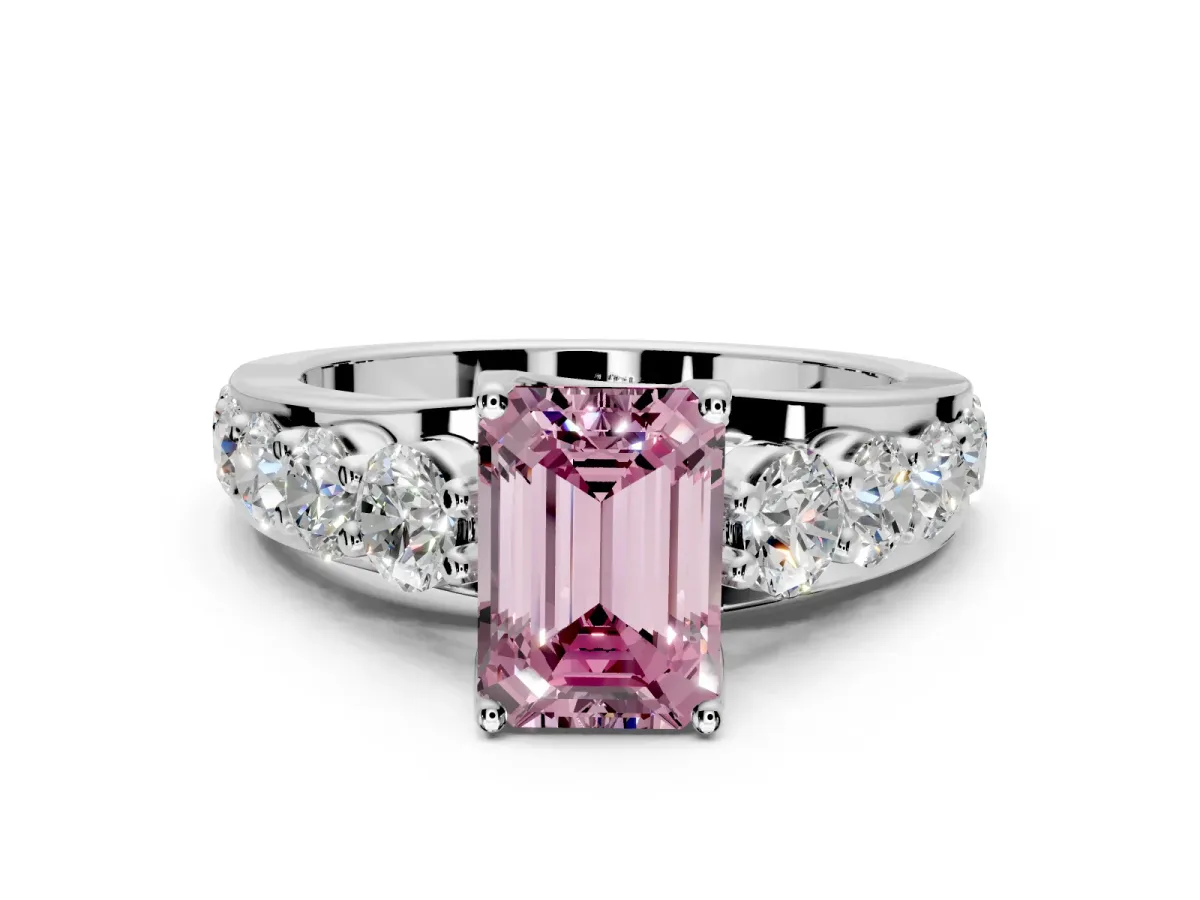 Solitaire Engagement Ring Setting for Fancy Pink Emerald Cut Center with Graduated Shared Prongs and Prong Head in Sterling Silver