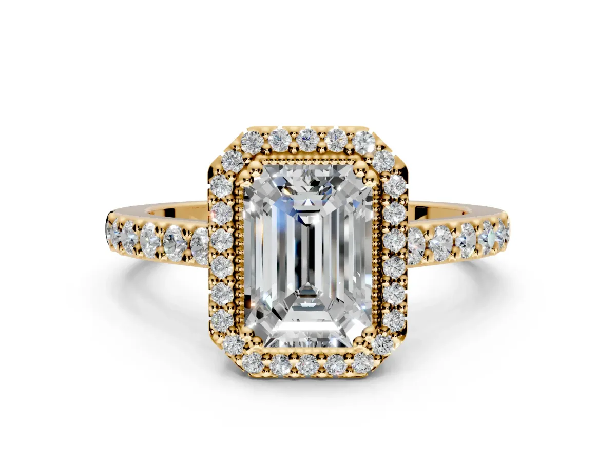 Halo Engagement Ring Setting for Emerald Cut Center with Inner Milgrain Border and Prong Head in Yellow Gold