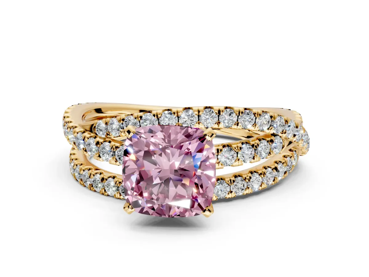 Solitaire Engagement Ring Setting for Fancy Pink Cushion Cut Center with Woven 3-Strand Pave Band and Prong Head in Yellow Gold