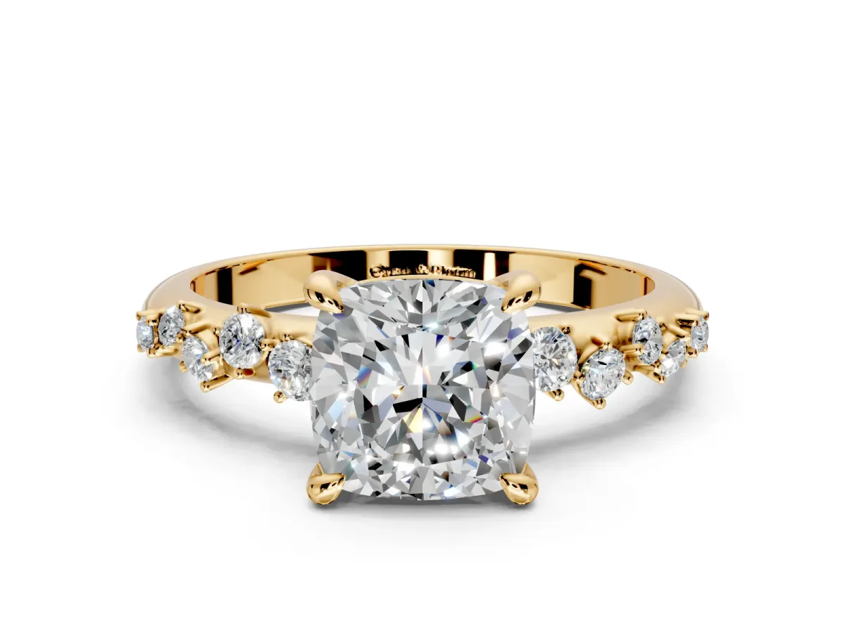 Solitaire Engagement Ring Setting for Cushion Cut Center with Trailing Leaf Accent Band and Prong Head in Yellow Gold