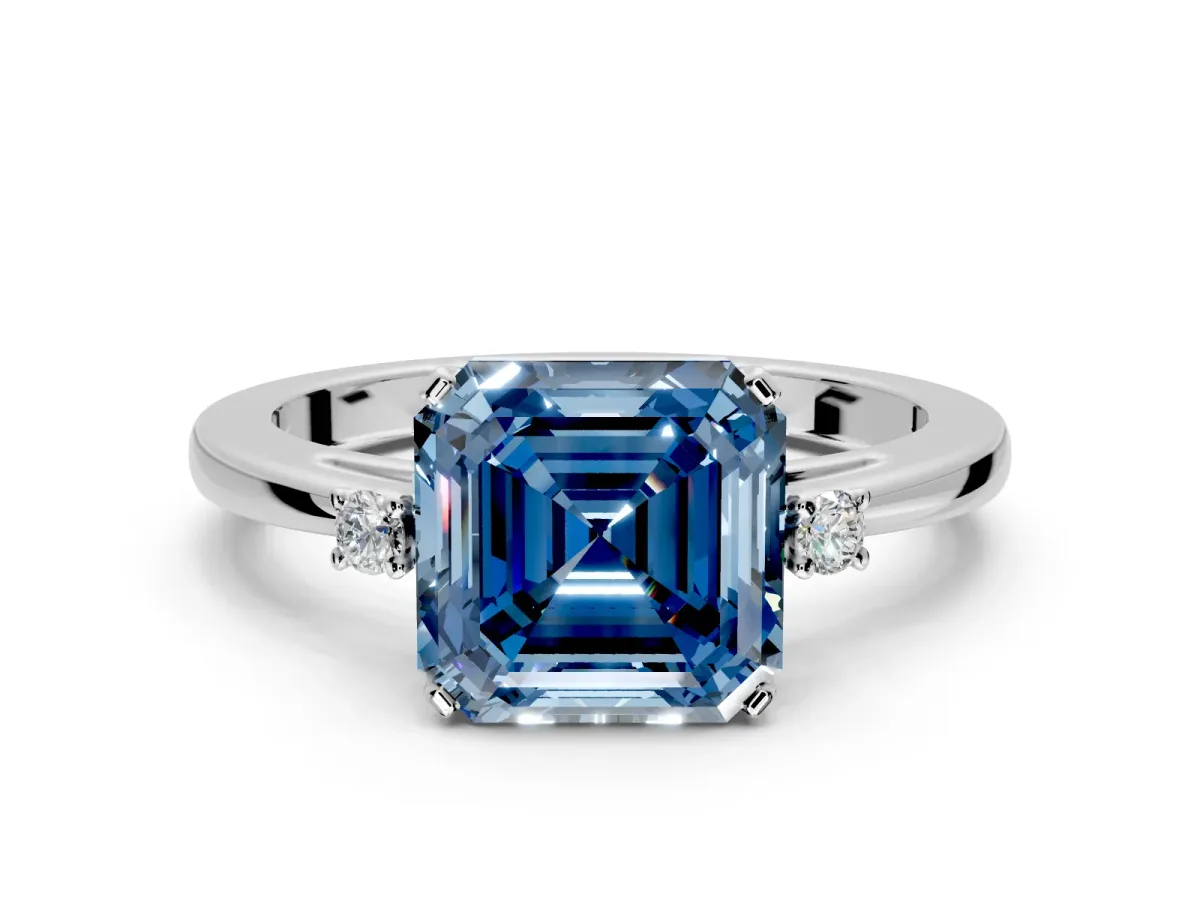 3 Stone Engagement Ring Setting for Fancy Blue Asscher Cut Center with Low-Set Round Cut Accents and Prong Head in Platinum