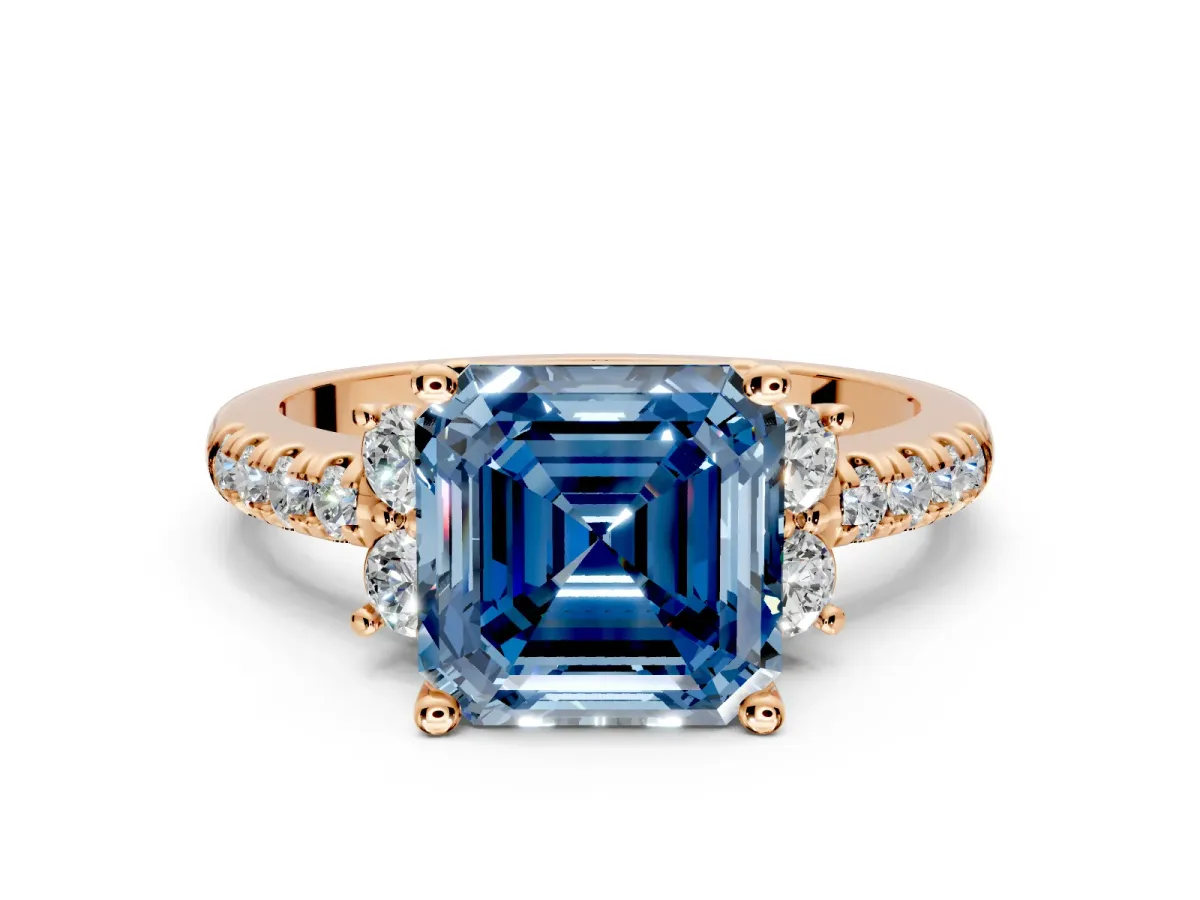 Paired Accent Engagement Ring Setting for Fancy Blue Asscher Cut Center with Pave Band and Prong Head in Rose Gold