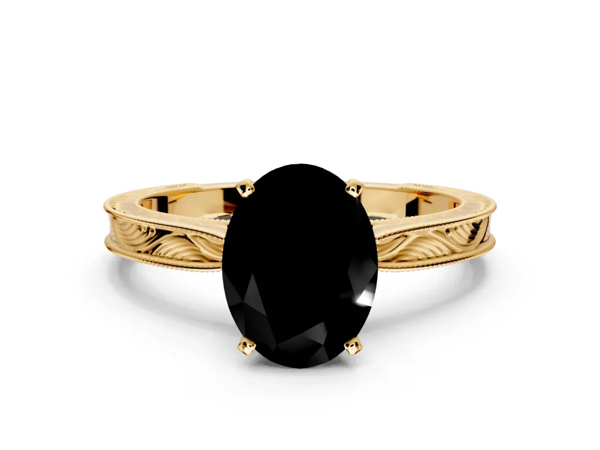 Solitaire Engagement Ring Setting for Fancy Black Oval Center with Engraved Milgrain Band and Prong Head in Yellow Gold