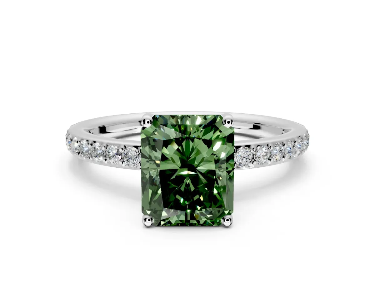Solitaire Engagement Ring Setting for Fancy Green Radiant Cut Center with Fine Pave Band and Prong Head in Sterling Silver