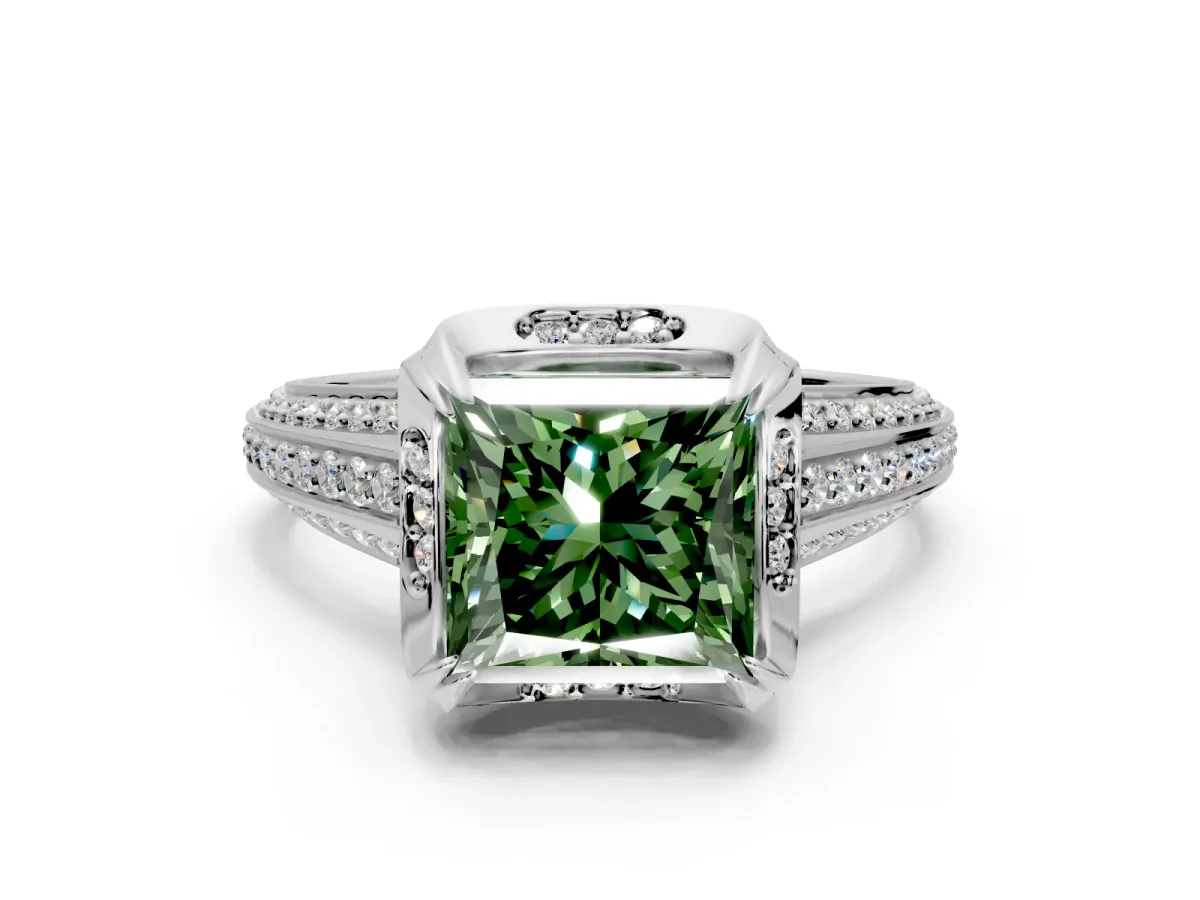 Solitaire Engagement Ring Setting for Fancy Green Princess Cut Center with Accented Split Shank and Prong Head in Platinum