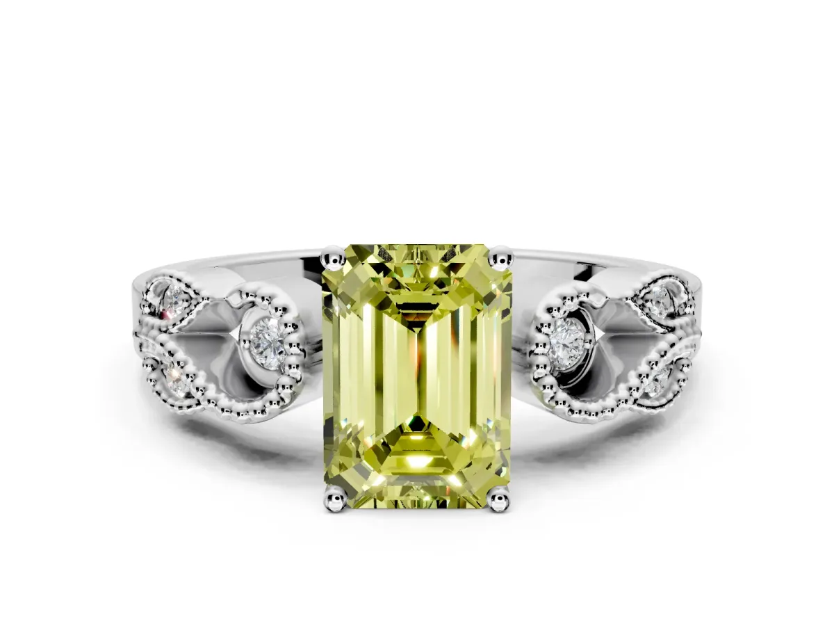Leaf Engagement Ring Setting for Fancy Yellow Emerald Cut Center with Milgrain Accent Band and Prong Head in Sterling Silver