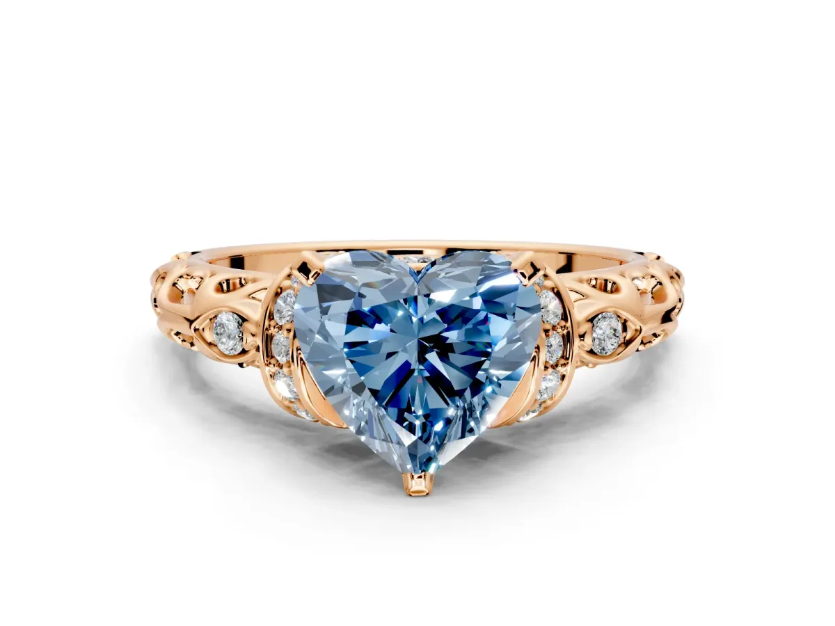 Solitaire Engagement Ring Setting for Fancy Blue Heart-Shaped Center with Filigree Band and Prong Head in Rose Gold