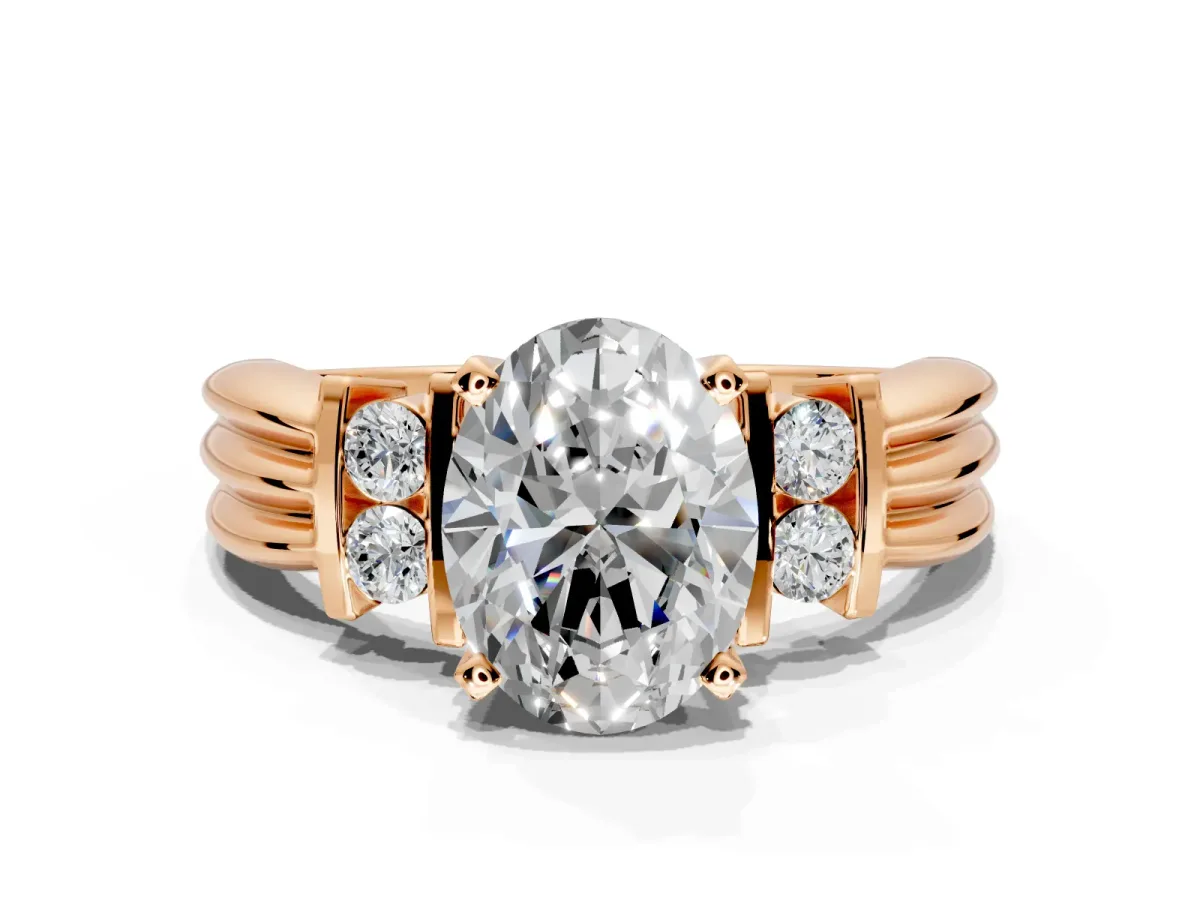 Solitaire Engagement Ring Setting for Oval Center with Grooved Bar Accent Band and Prong Head in Rose Gold