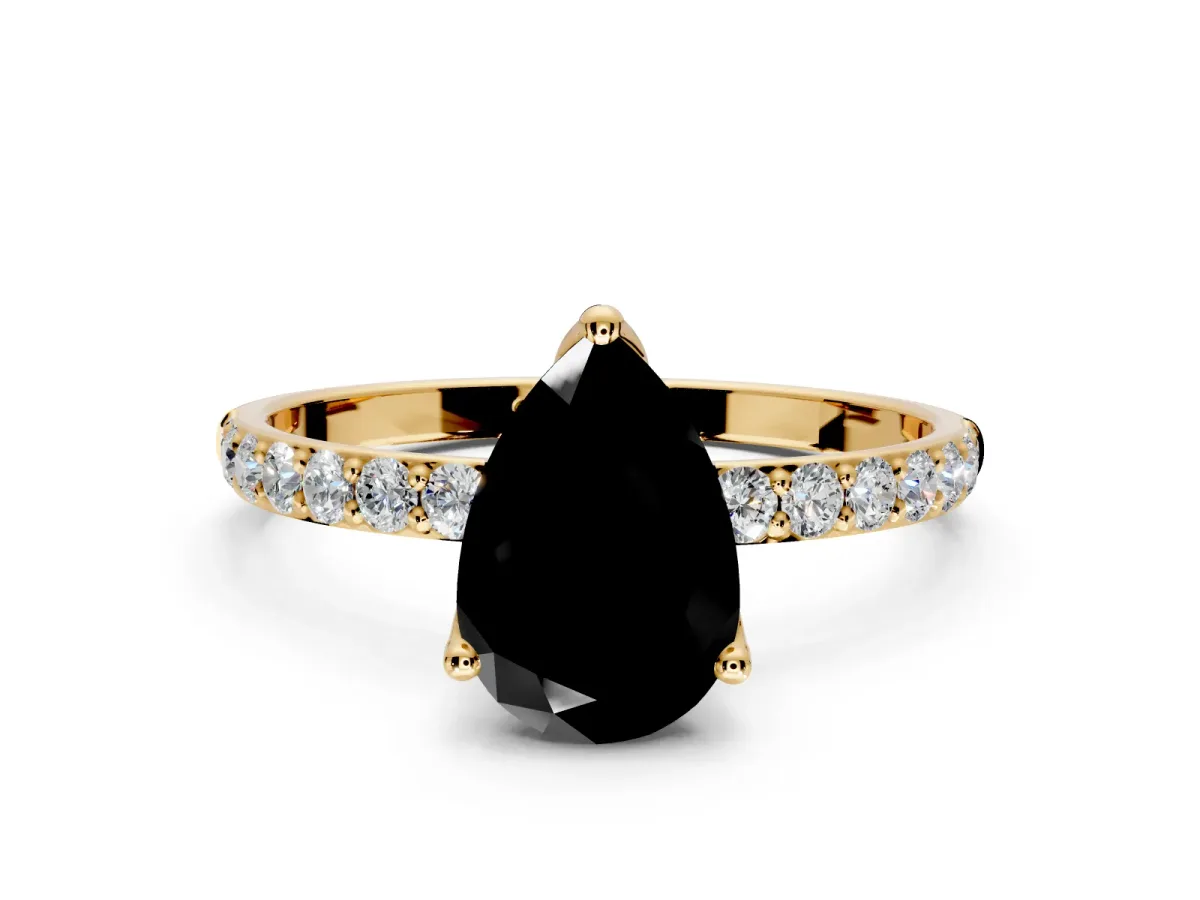 Solitaire Engagement Ring Setting for Fancy Black Pear-Shaped Center with Fine Pave Accents and Prong Head in Yellow Gold