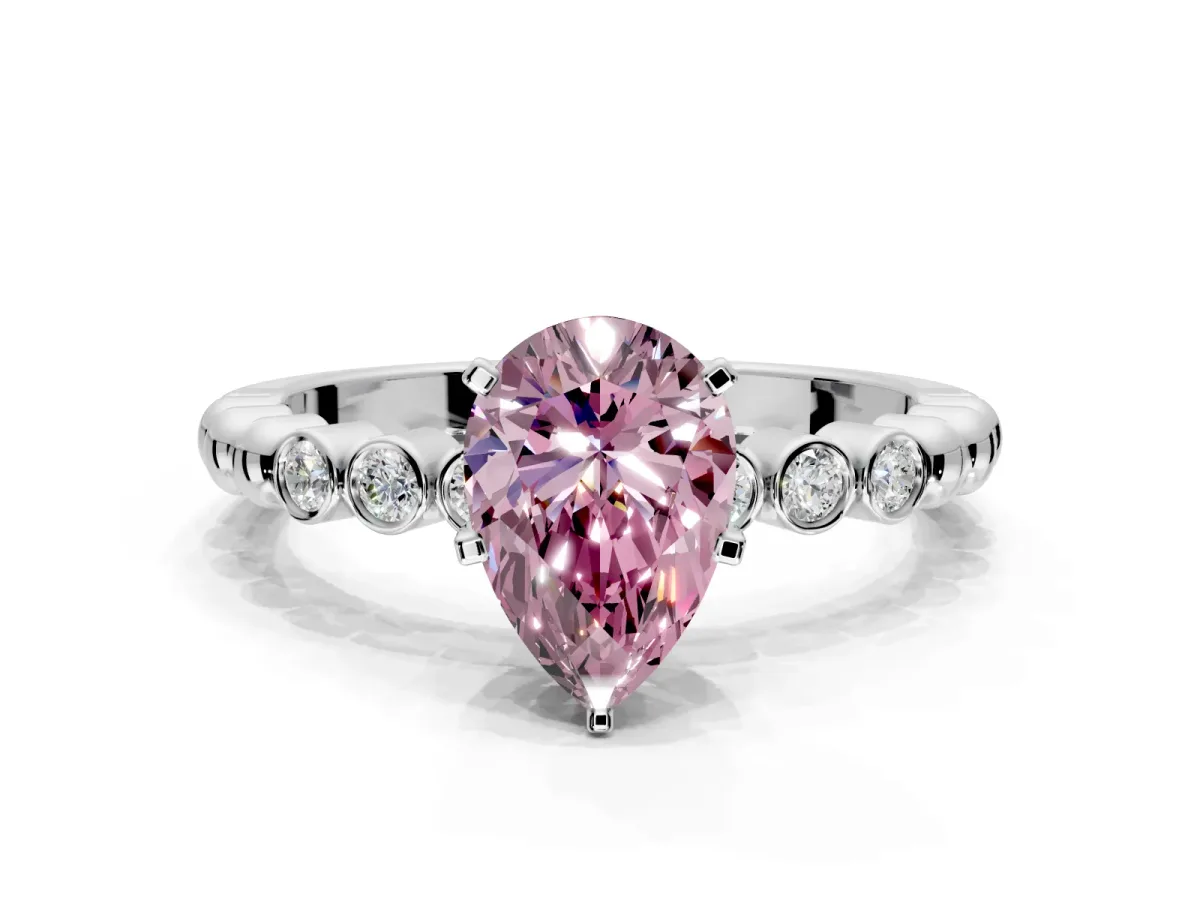 Solitaire Engagement Ring Setting for Fancy Pink Pear-Shaped Center with Bezel-Dot Beaded Band and Prong Head in White Gold