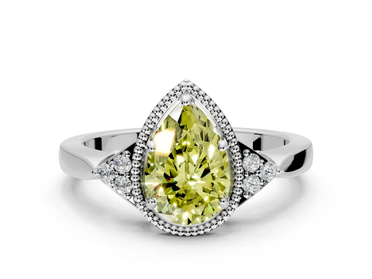 Cluster Engagement Ring Setting for Fancy Yellow Pear-Shaped Center with Milgrain Shoulder Clusters and Prong Head in Platinum