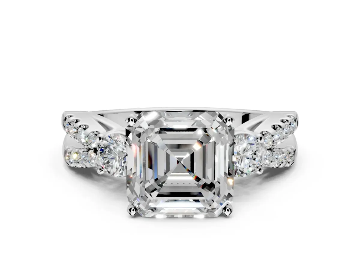3 Stone Engagement Ring Setting for Asscher Cut Center with Pave Split Shank and Prong Head in Platinum