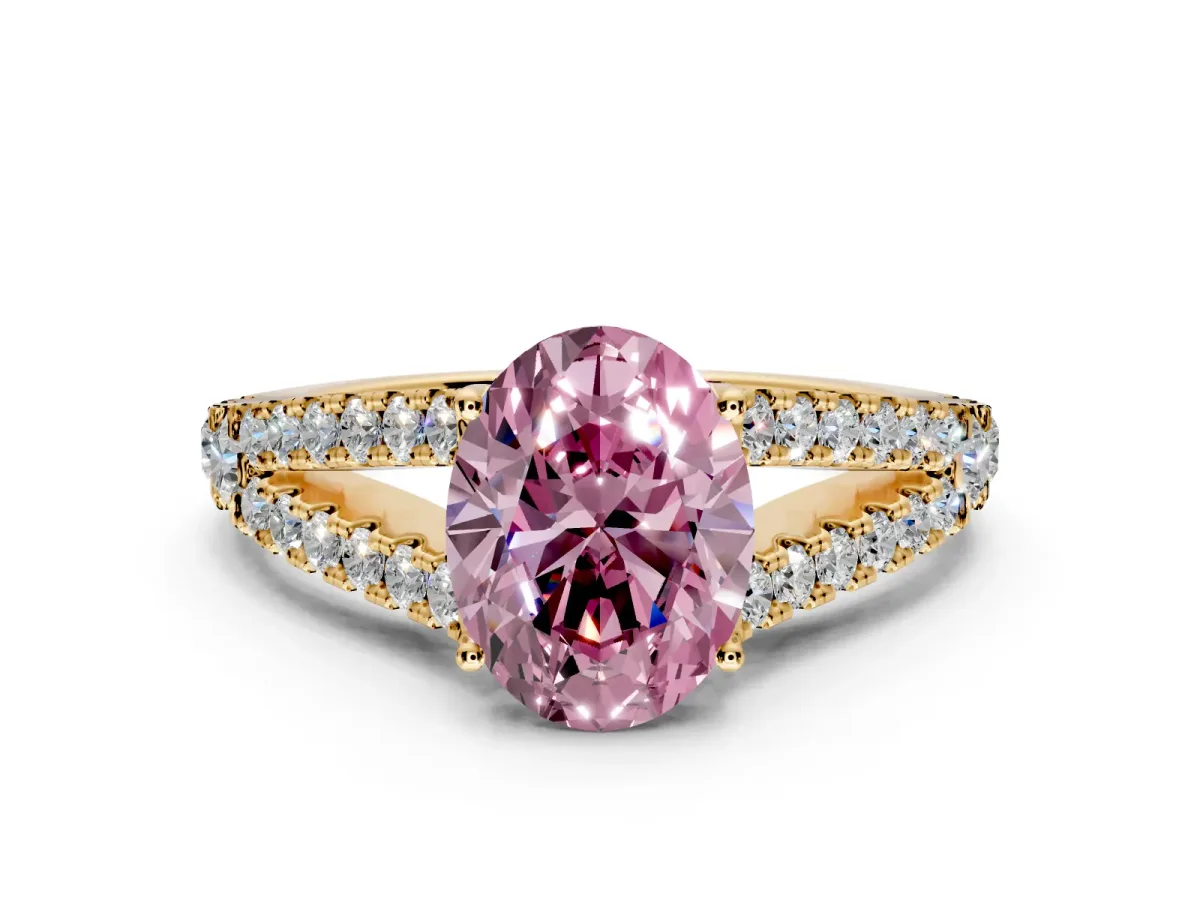 Solitaire Engagement Ring Setting for Fancy Pink Oval Center with Pave Split Shank and Prong Head in Yellow Gold
