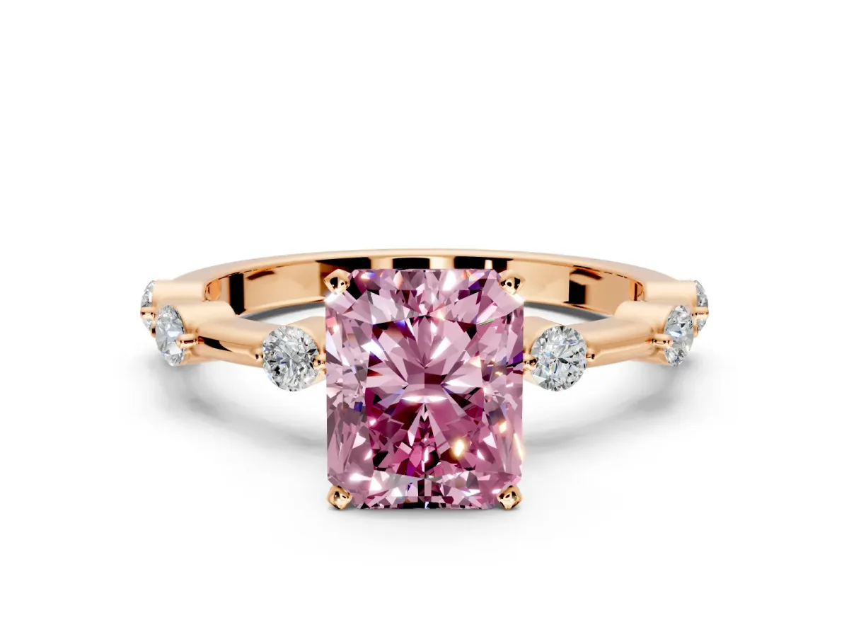 Solitaire Engagement Ring Setting for Fancy Pink Radiant Cut Center with Bezel Station Band and Prong Head in Rose Gold