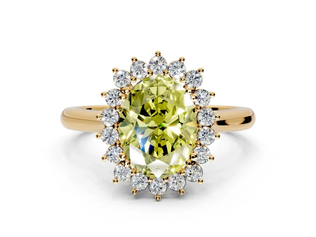 Starburst Halo Engagement Ring Setting for Fancy Yellow Oval Center with Thin Round-Wire Band and Prong Head in Yellow Gold