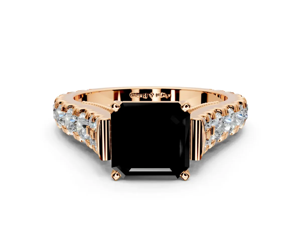 Solitaire Engagement Ring Setting for Fancy Black Asscher Cut Center with Pave Cathedral Shoulders and Prong Head in Rose Gold