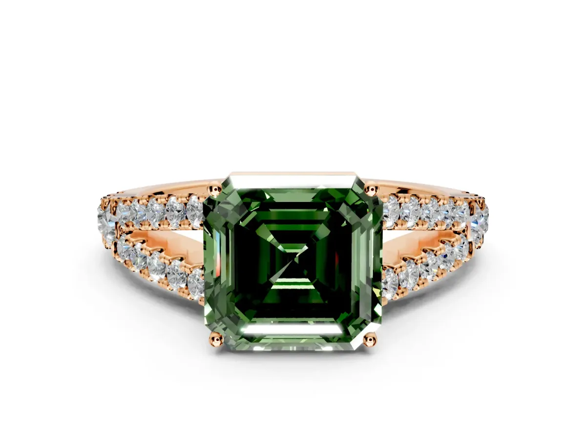 Solitaire Engagement Ring Setting for Fancy Green Asscher Cut Center with Pave Split Shank and Prong Head in Rose Gold