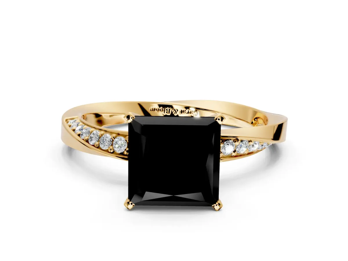 Side Accent Engagement Ring Setting for Fancy Black Princess Cut Center with Accent Shoulders and Prong Head in Yellow Gold