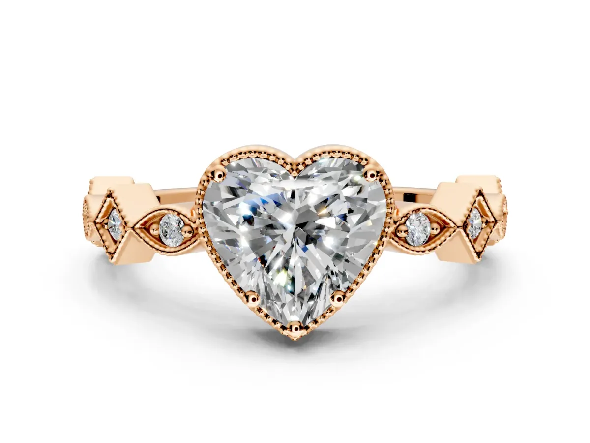 Milgrain Bezel Engagement Ring Setting for Heart-Shaped Center with Marquise Stations and Bezel Head in Rose Gold