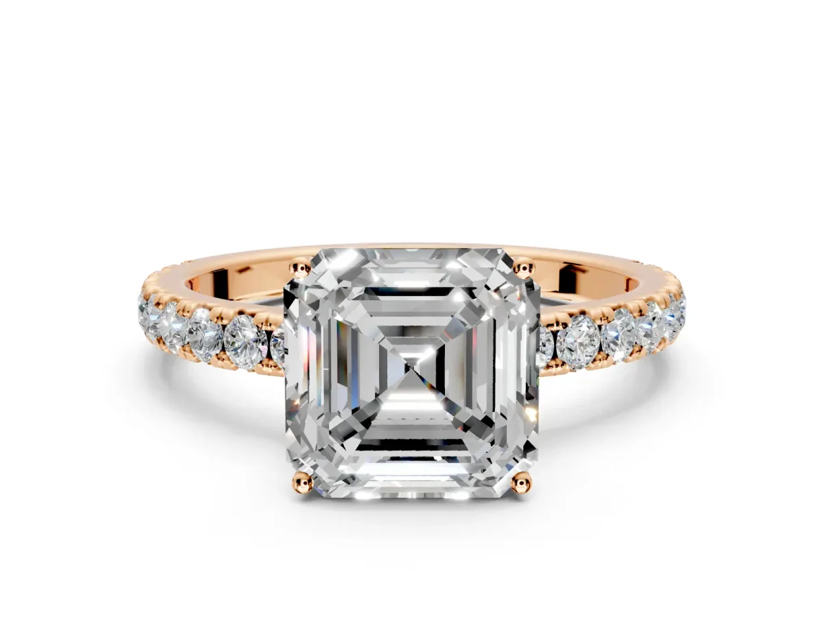 Solitaire Engagement Ring Setting for Asscher Cut Center with Large Accent Band and Prong Head in Rose Gold