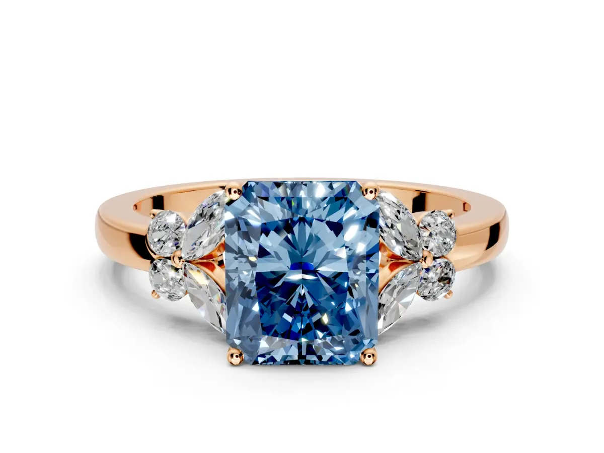 Solitaire Engagement Ring Setting for Fancy Blue Radiant Cut Center with Marquise Flower Shoulders and Prong Head in Rose Gold