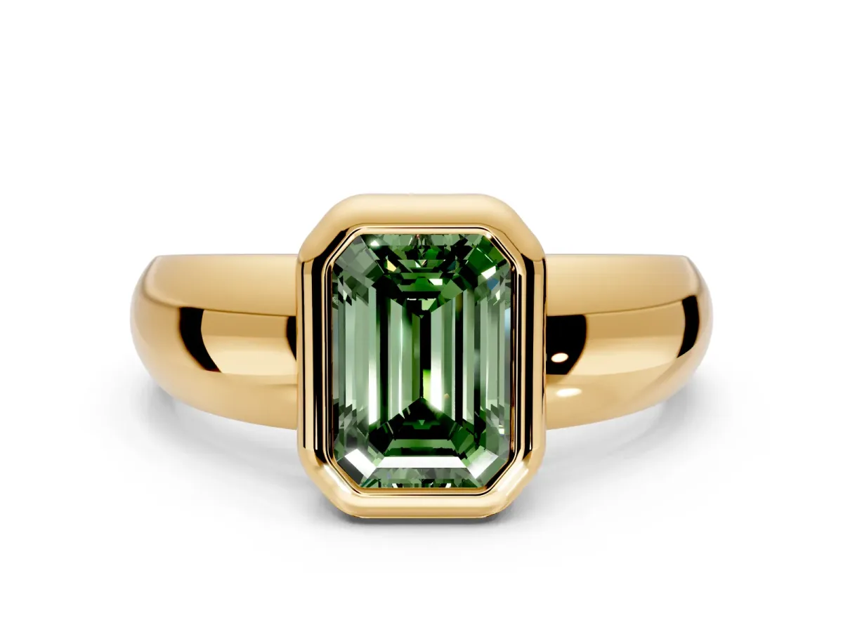 Solitaire Engagement Ring Setting for Fancy Green Emerald Cut Center with Wide Band and Bezel Head in Yellow Gold