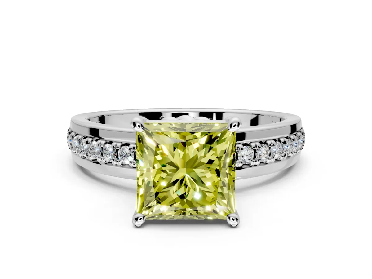 Solitaire Engagement Ring Setting for Fancy Yellow Princess Cut Center with Raised Channel Band and Prong Head in Platinum