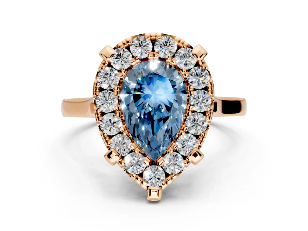 Single Halo Engagement Ring Setting for Fancy Blue Pear-Shaped Center with Corner Claws, Plain Band and Prong Head in Rose Gold