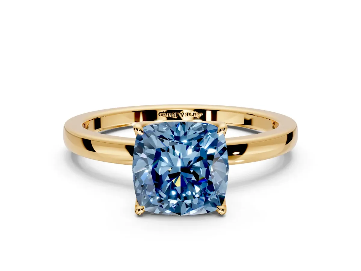 Solitaire Engagement Ring Setting for Fancy Blue Cushion Cut Center with Thin Rounded Plain Band and Prong Head in Yellow Gold