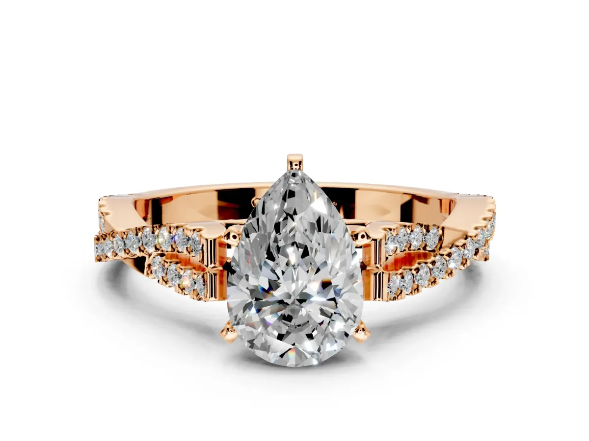 Solitaire Engagement Ring Setting for Pear-Shaped Center with Twisted Pave Split Shank and Prong Head in Rose Gold
