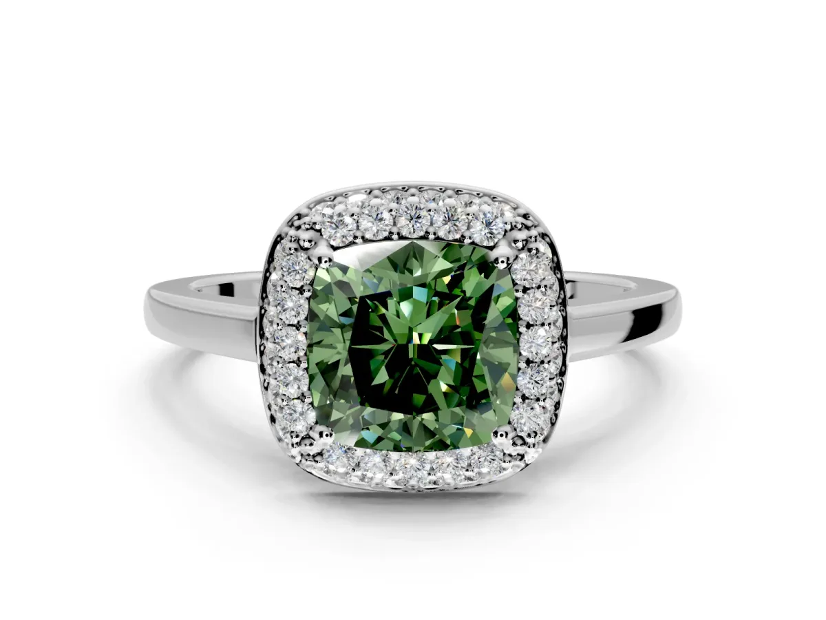 Halo Engagement Ring Setting for Fancy Green Cushion Cut Center with Plain Tapered Band and Prong Head in White Gold