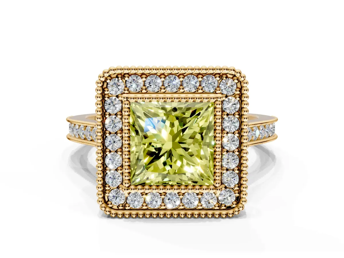 Halo Engagement Ring Setting for Fancy Yellow Princess Cut Center with Milgrain Frame, Pave Band and Prong Head in Yellow Gold