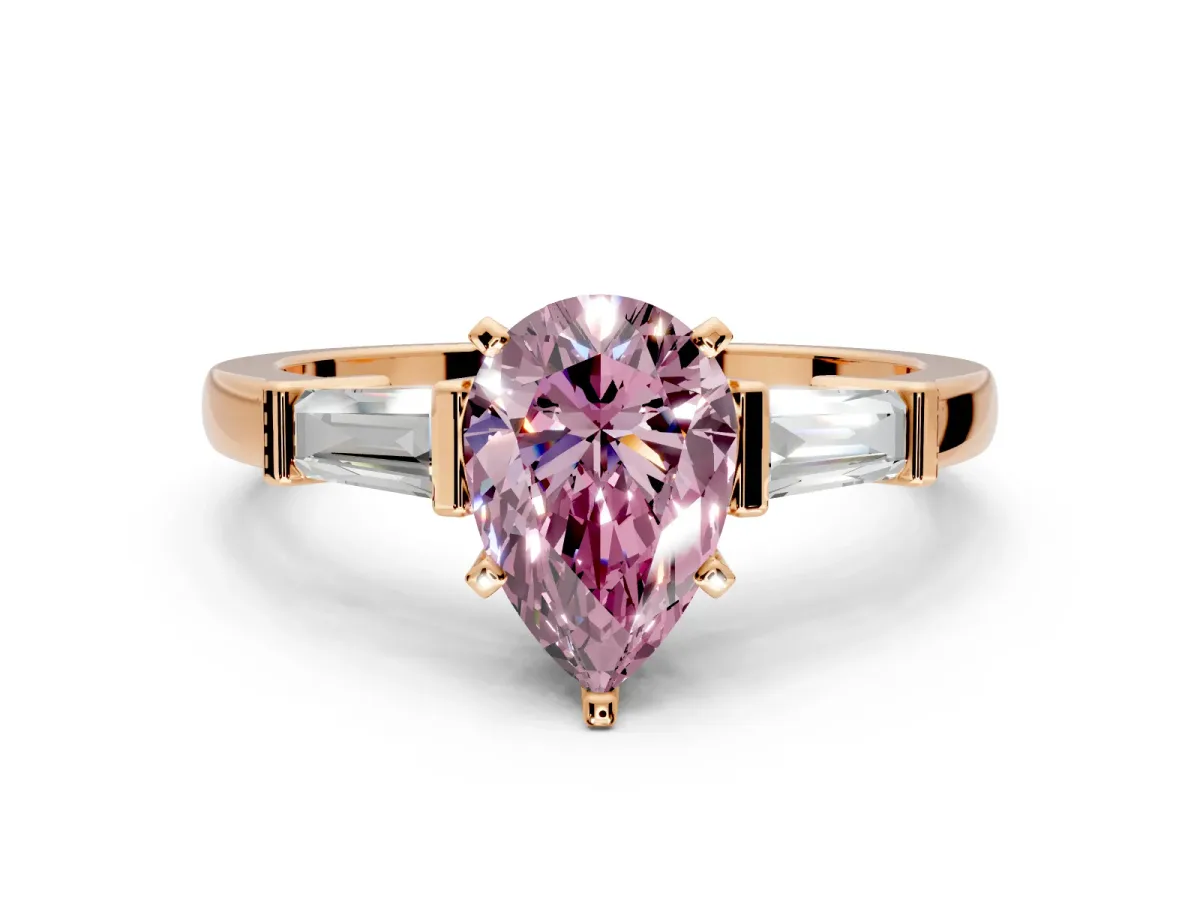 3 Stone Engagement Ring Setting for Fancy Pink Pear-Shaped Center with Channel Baguette Accents and Prong Head in Rose Gold