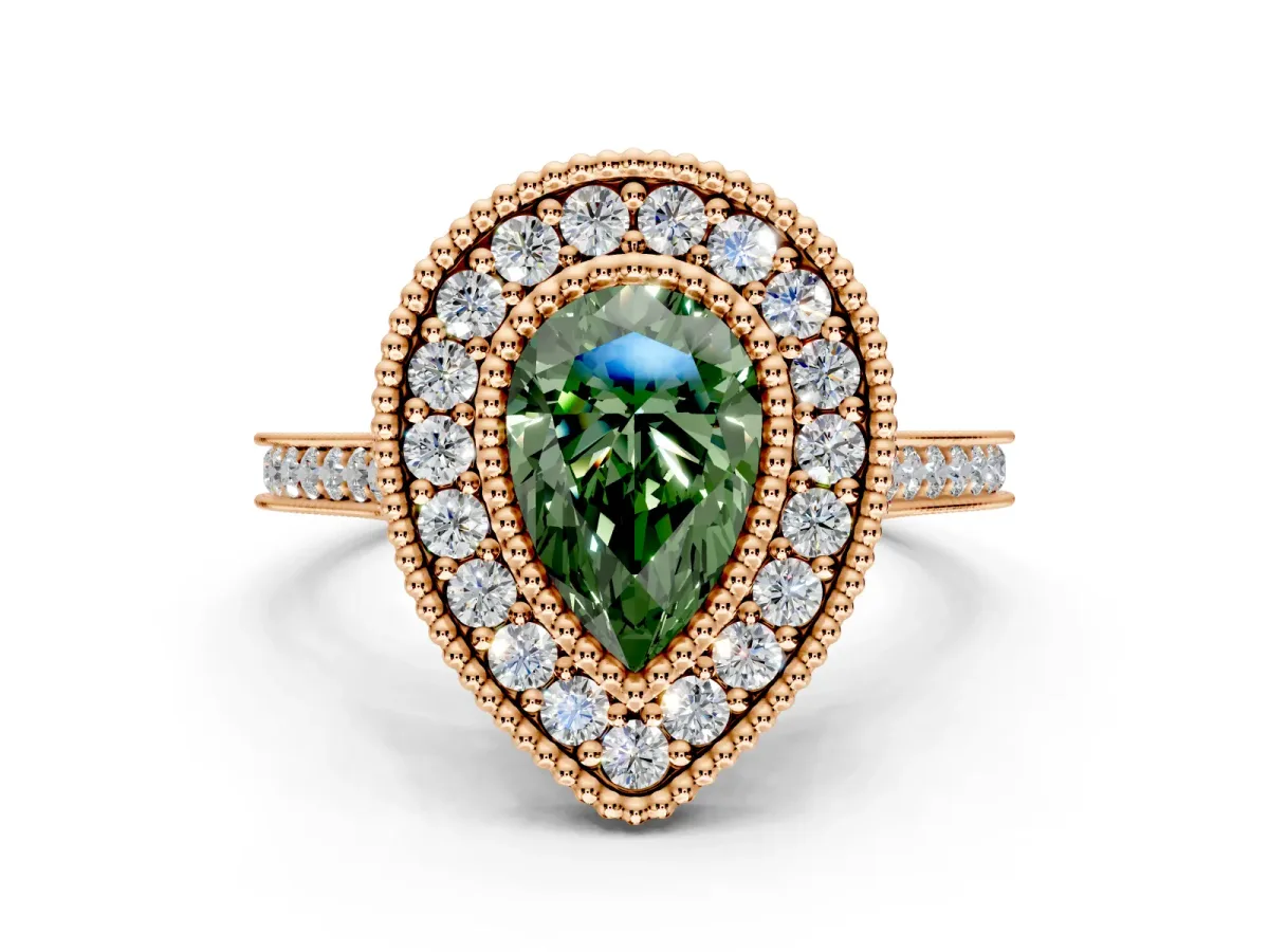 Halo Engagement Ring Setting for Fancy Green Pear-Shaped Center with Milgrain Frame, Pave Band and Prong Head in Rose Gold