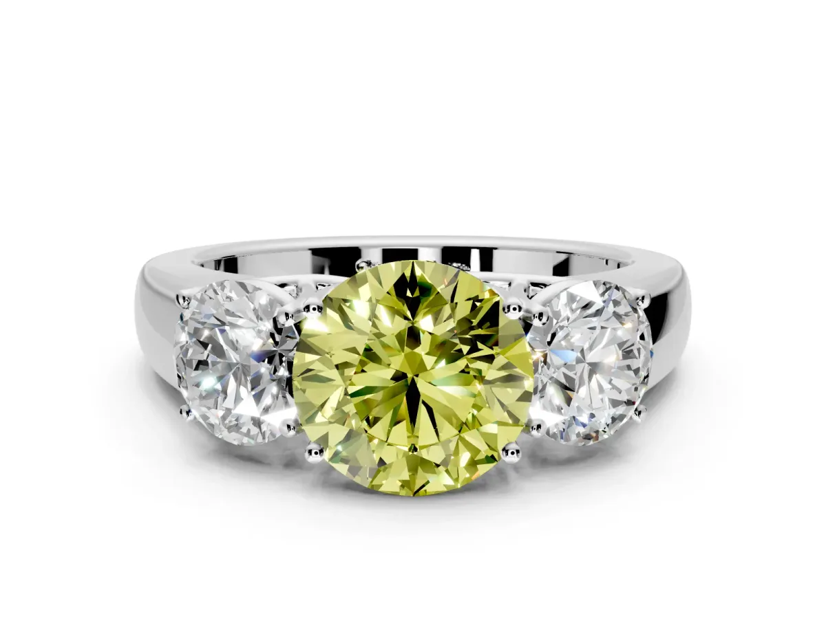 3 Stone Engagement Ring Setting for Fancy Yellow Round Cut Center with Raised Basket Heads and Prong Head in Platinum