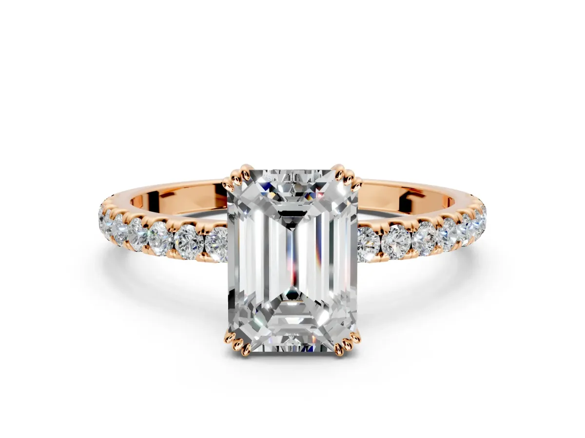 Solitaire Engagement Ring Setting for Emerald Cut Center with Pave Band and Claw Prong Head in Rose Gold