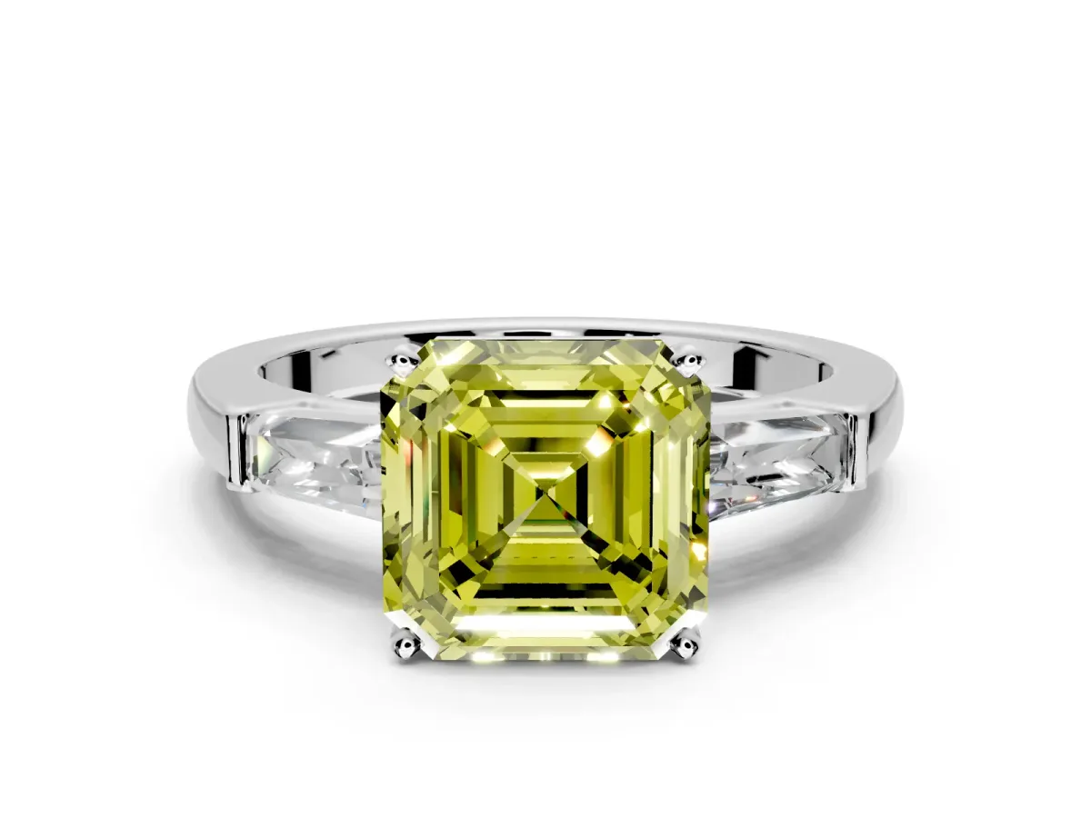 3 Stone Engagement Ring Setting for Fancy Yellow Asscher Cut Center with Tapered Baguettes, Plain Band and Prong Head in White Gold
