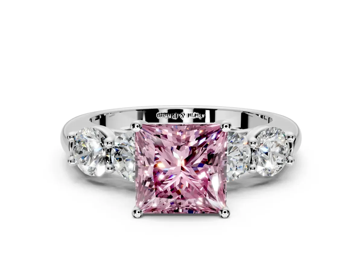 5 Stone Engagement Ring Setting for Fancy Pink Princess Cut Center with Graduated Accents and Prong Head in White Gold