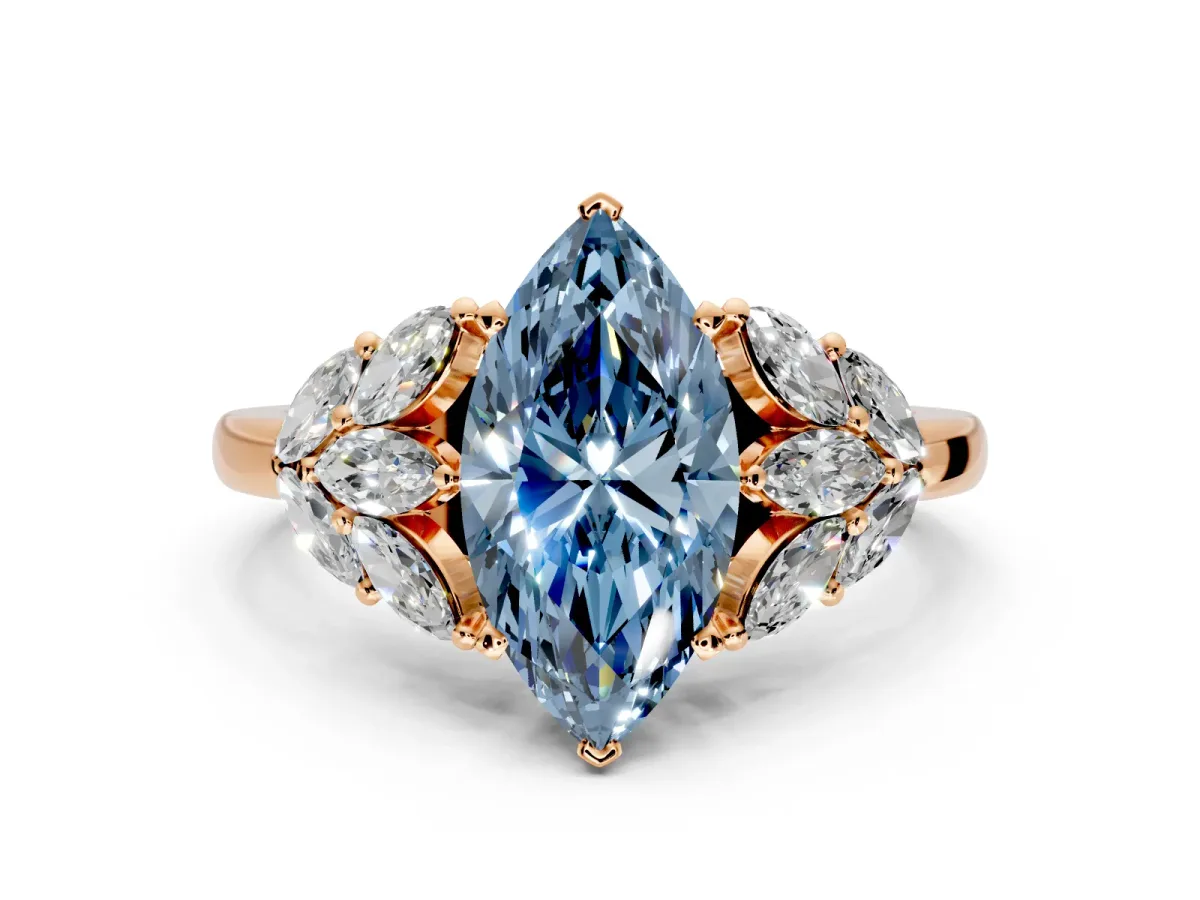 Leaf Cluster Engagement Ring Setting for Fancy Blue Marquise Center with Marquise Accents and Prong Head in Rose Gold