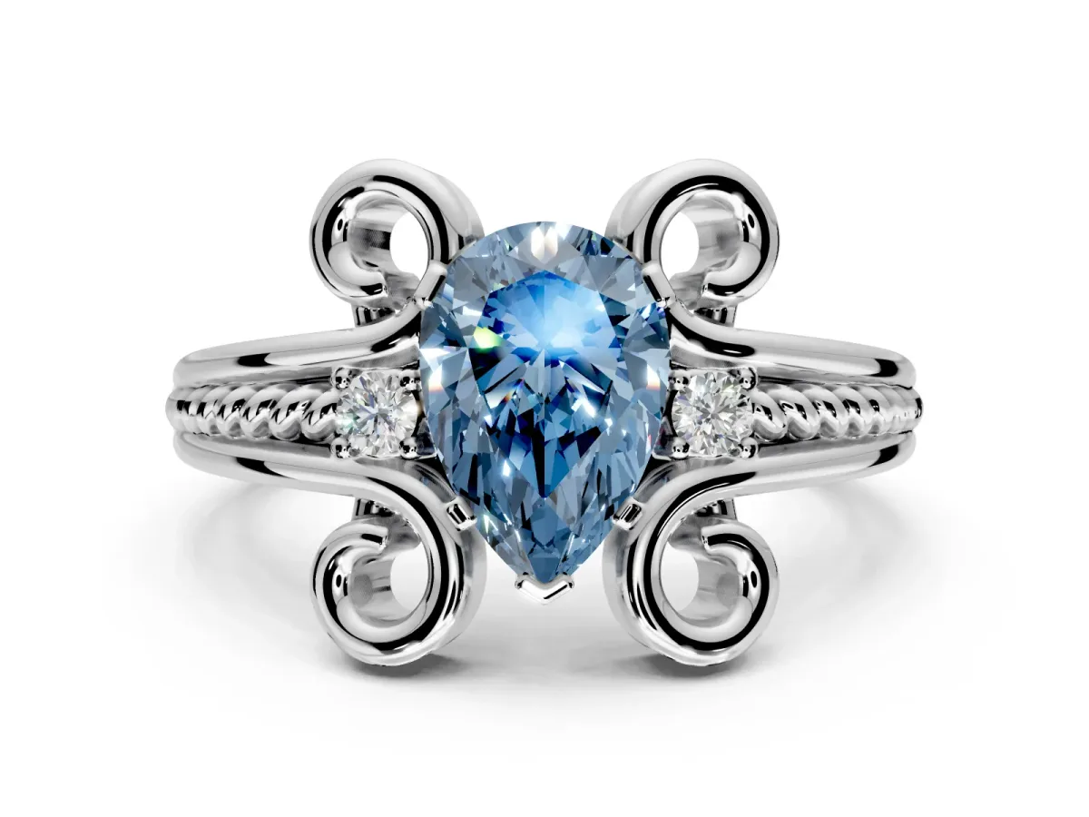 Solitaire Engagement Ring Setting for Fancy Blue Pear-Shaped Center with Twisted Band and Scroll Prong Head in Sterling Silver