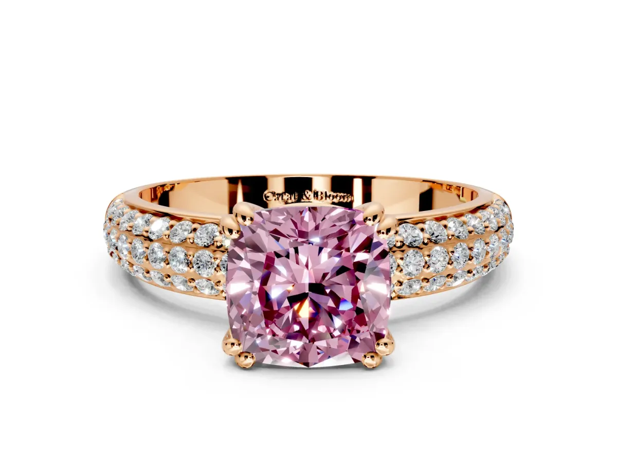 Solitaire Engagement Ring Setting for Fancy Pink Cushion Cut Center with Multi-Row Pave Accents and Basket Head in Rose Gold