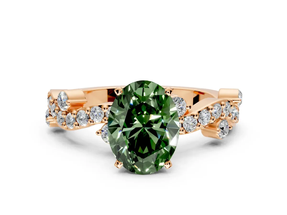 Solitaire Engagement Ring Setting for Fancy Green Oval Center with Bar-Station Pave Twist and Prong Head in Rose Gold