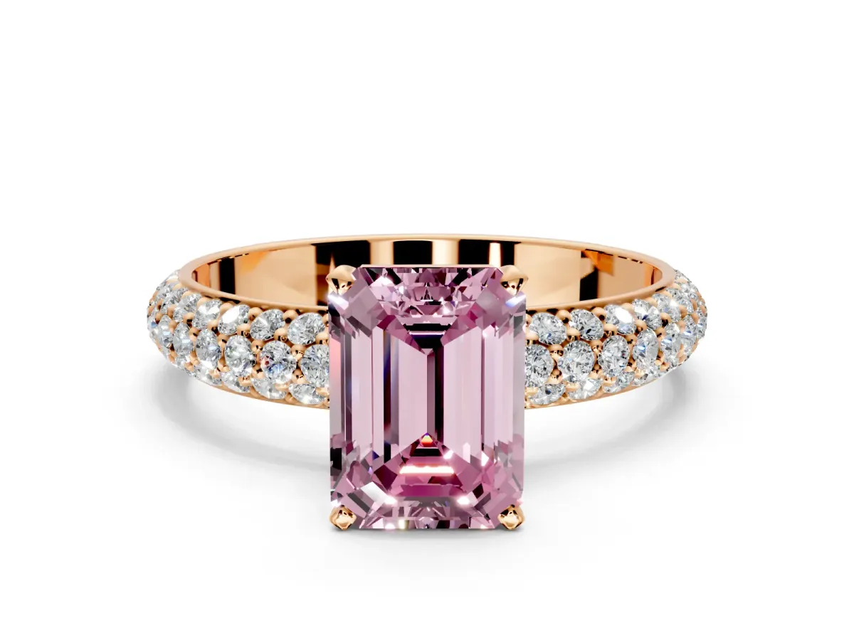Solitaire Engagement Ring Setting for Fancy Pink Emerald Cut Center with Domed Multi-Row Pave Band and Prong Head in Rose Gold