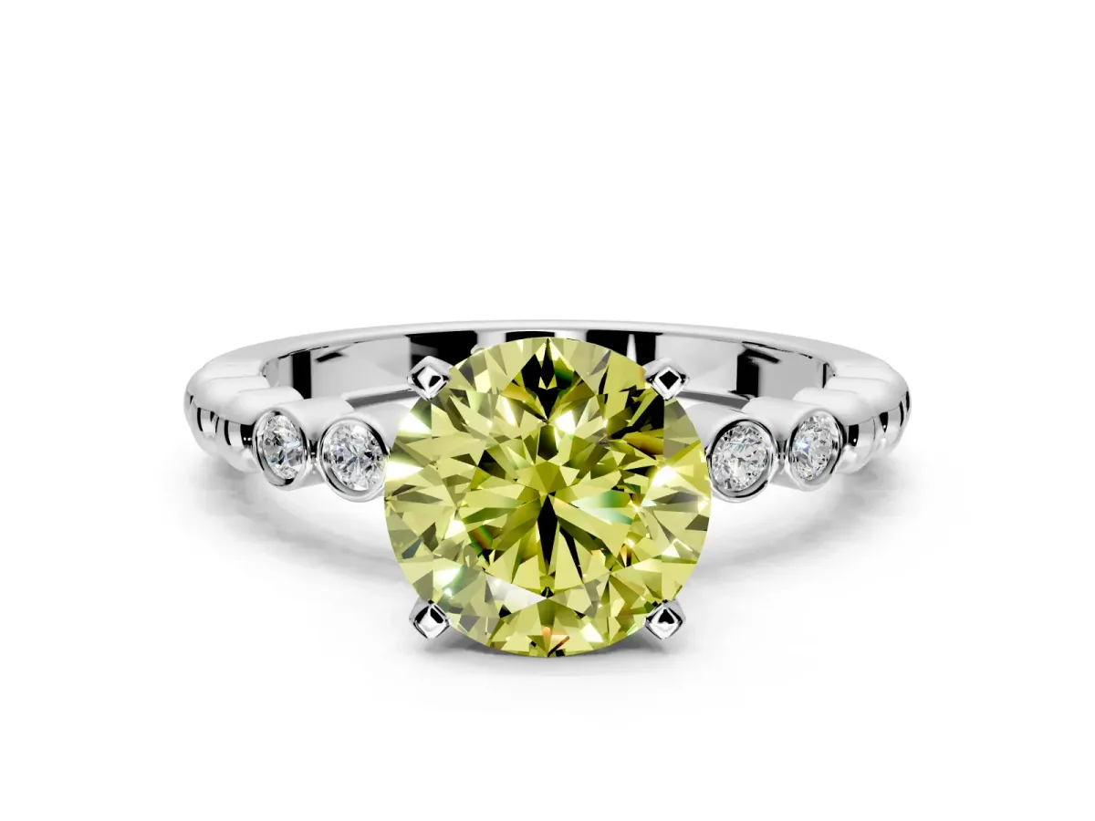 Solitaire Engagement Ring Setting for Fancy Yellow Round Cut Center with Bezel-Dot Beaded Band and Prong Head in Platinum
