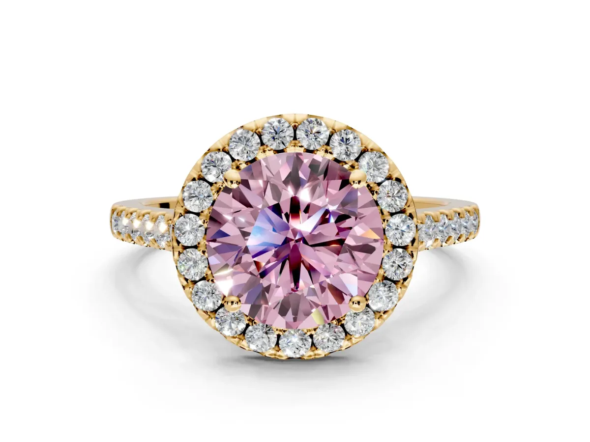 Halo Engagement Ring Setting for Fancy Pink Round Cut Center with Narrowing Pave Band and Prong Head in Yellow Gold