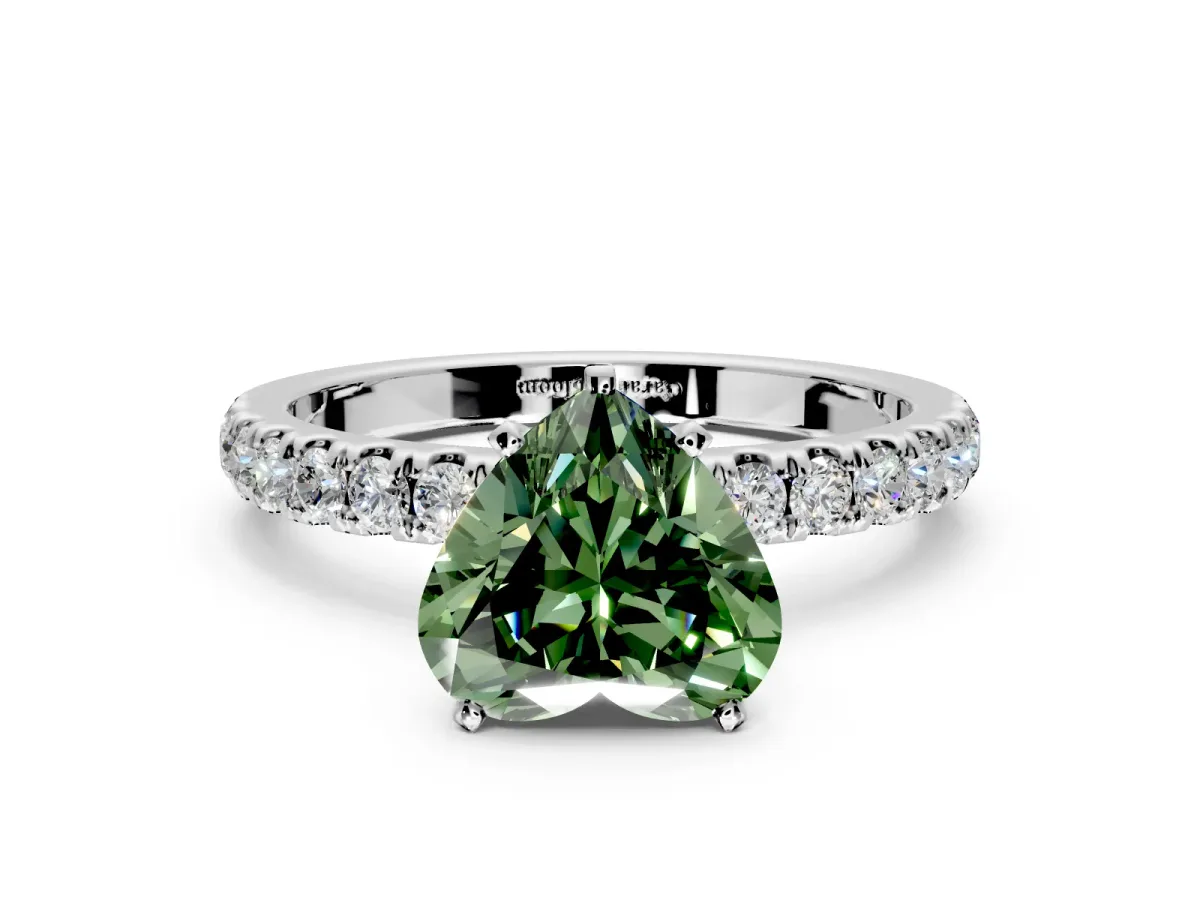 Open Basket Engagement Ring Setting for Fancy Green Heart-Shaped Center with Pave Band and Prong Head in Platinum