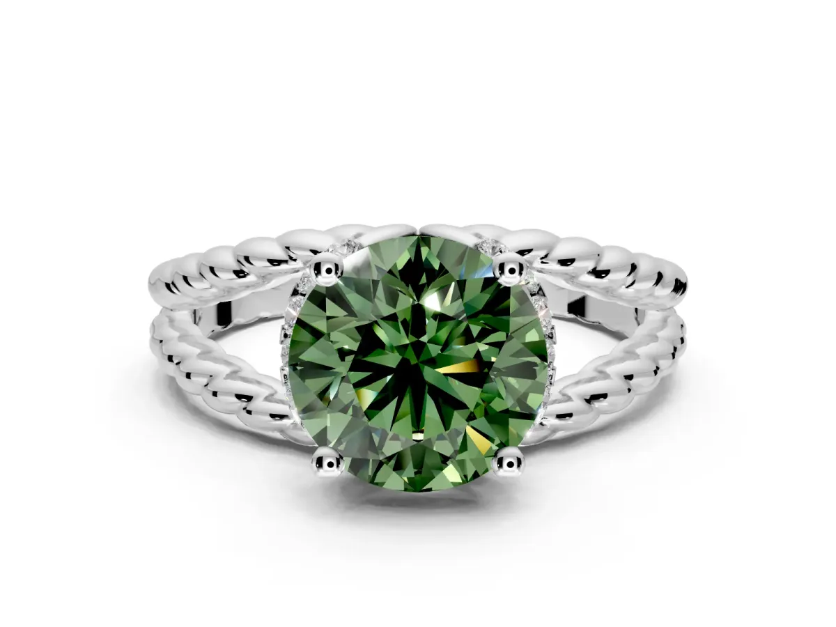 Halo Engagement Ring Setting for Fancy Green Round Cut Center with Rope Twist Split Shank and Prong Head in Platinum