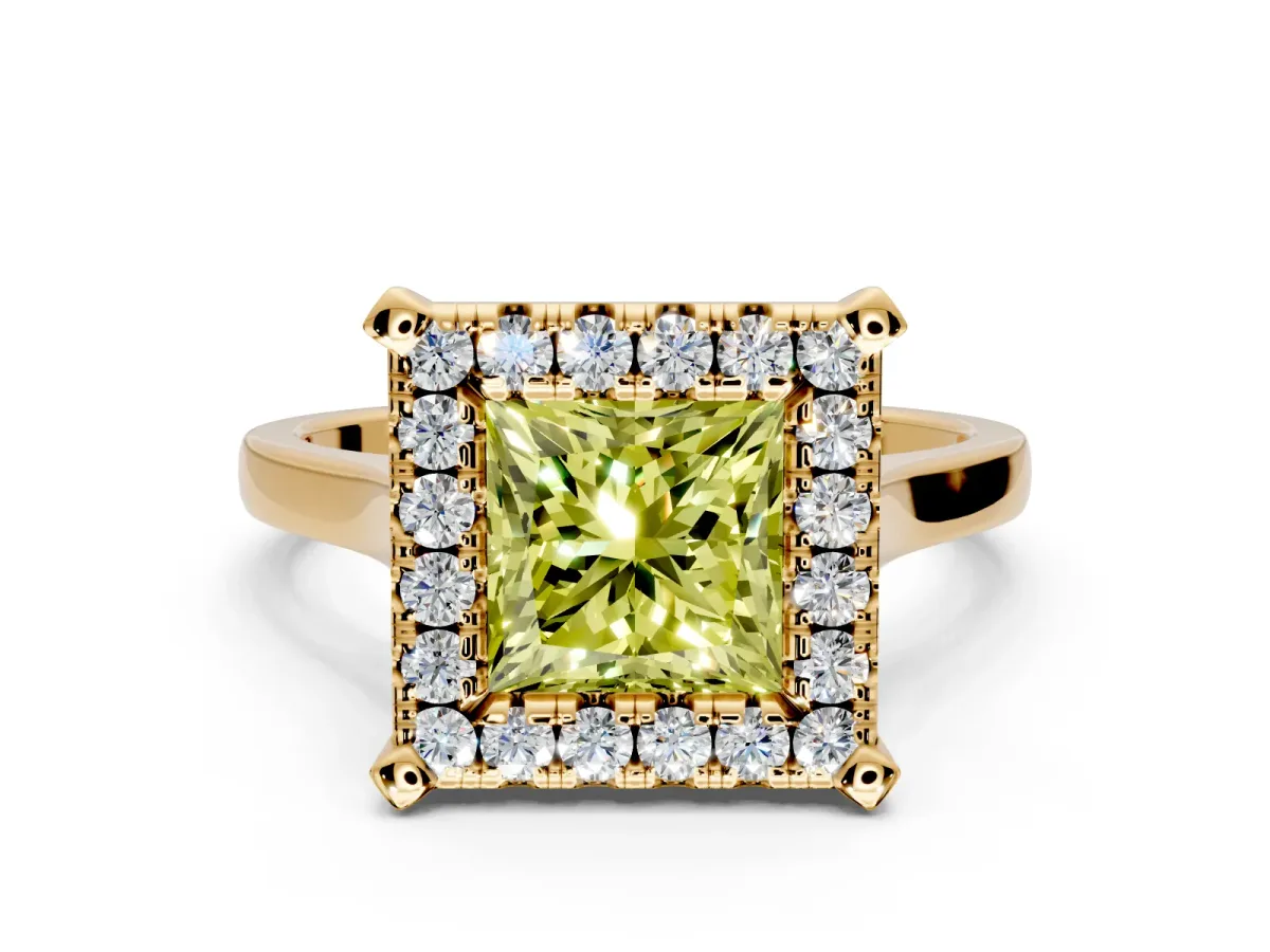 Single Halo Engagement Ring Setting for Fancy Yellow Princess Cut Center with Corner Claws, Plain Band and Prong Head in Yellow Gold
