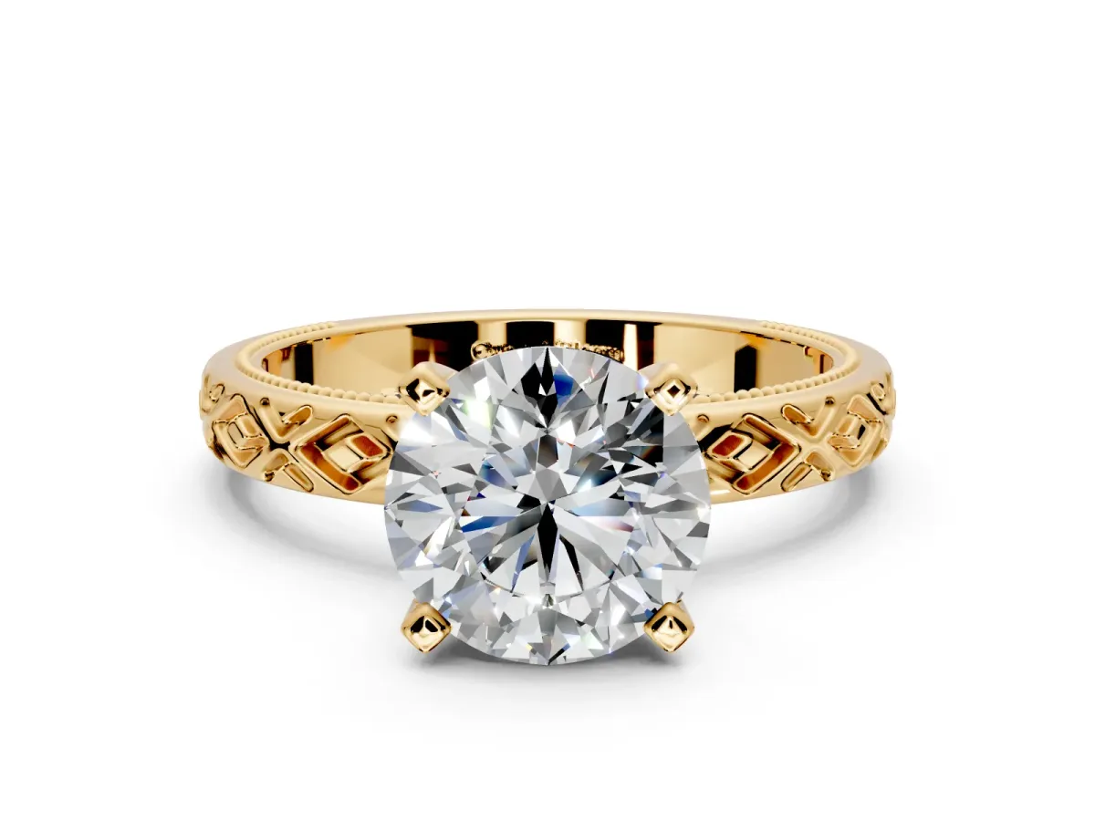 Solitaire Engagement Ring Setting for Round Cut Center with Milgrain X Pattern Band and Prong Head in Yellow Gold